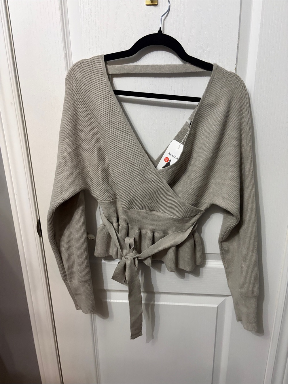 Tie-Waist Wrap V-Neck Sweater - Taupe